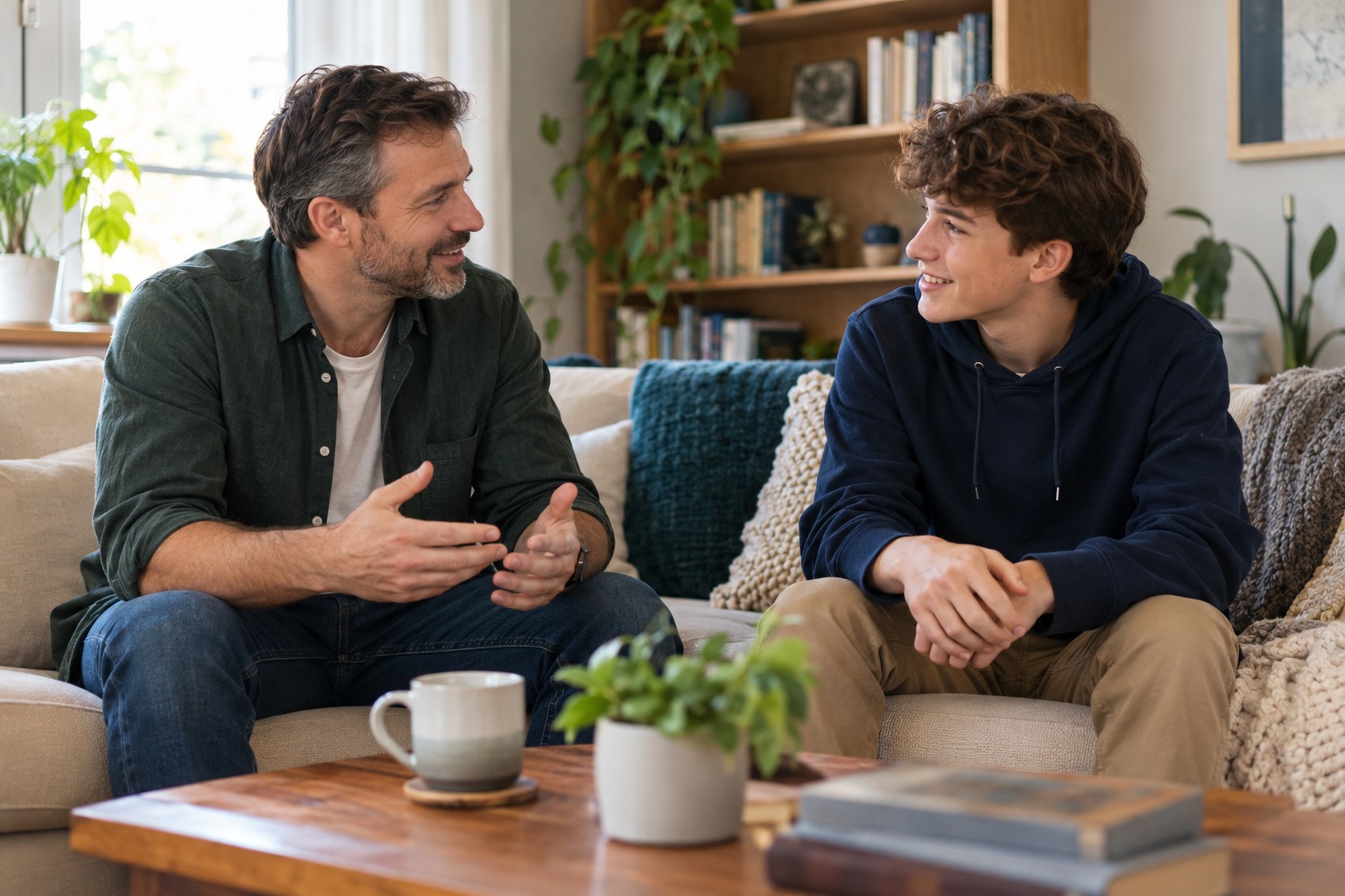 Padre e hijo adolescente practican una conversación en casa