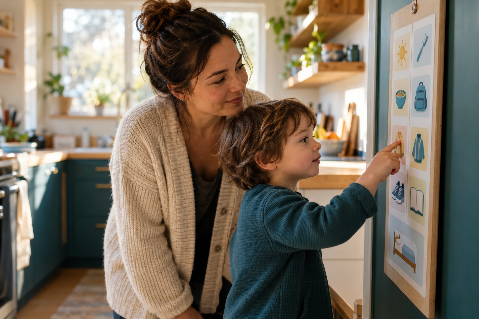 Madre e hijo pequeño siguen juntos una rutina visual en la cocina