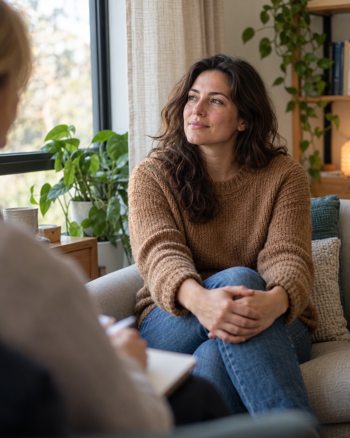Sesión de terapia cognitivo-conductual para ansiedad y depresión: paciente junto a la ventana