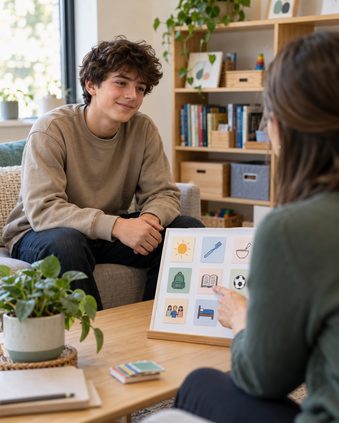Terapeuta trabajando habilidades sociales y rutinas visuales con un adolescente